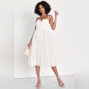 Lulus Charismatic Sweetie White Lace Ruched Tie-Strap Midi Dress